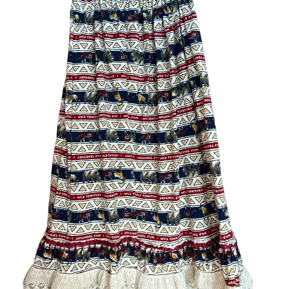 Western boho animal print midi skirt women’s lace trim elastic waist